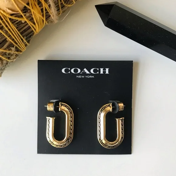 Coach Large Stitched Chain Link Gold Earrings, NWT - Picture 2 of 16